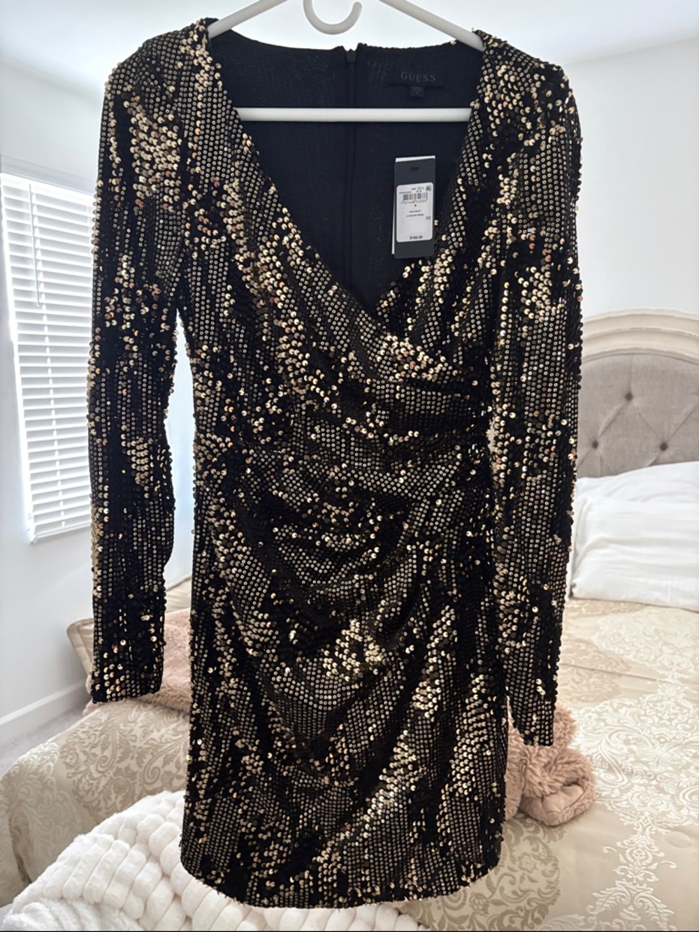 Guess Black and Gold Sequin Long Sleeve Dress